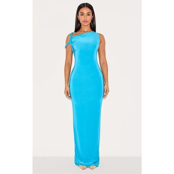 Pretty Little Thing Petite Blue Slinky Twist Shoulder Maxi Dress, size L, NWT! - Picture 1 of 12